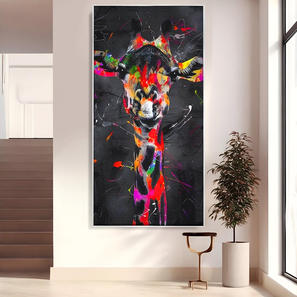 Tablou canvas cu tablou canvas cu girafa multicolor, in rama de aluminiu argintiu